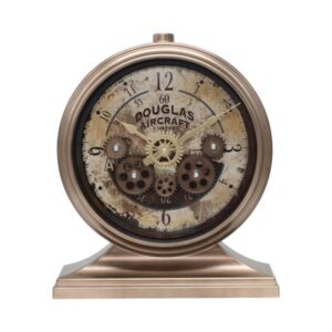 Efe Mark Premium Serisi Antik Eskitme Kadranlı Döner Çarklı Klasik Rakamlı Ev ve Ofis Duvar / Masa Saati 32x28 Cm Bronz