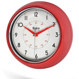 New-Max Premium Serisi Retro Tasarım Metal Kadranlı Bombeli Cam Özellikli Klasik Rakamlı Ev ve Ofis Duvar Saati 30 Cm Kırmızı